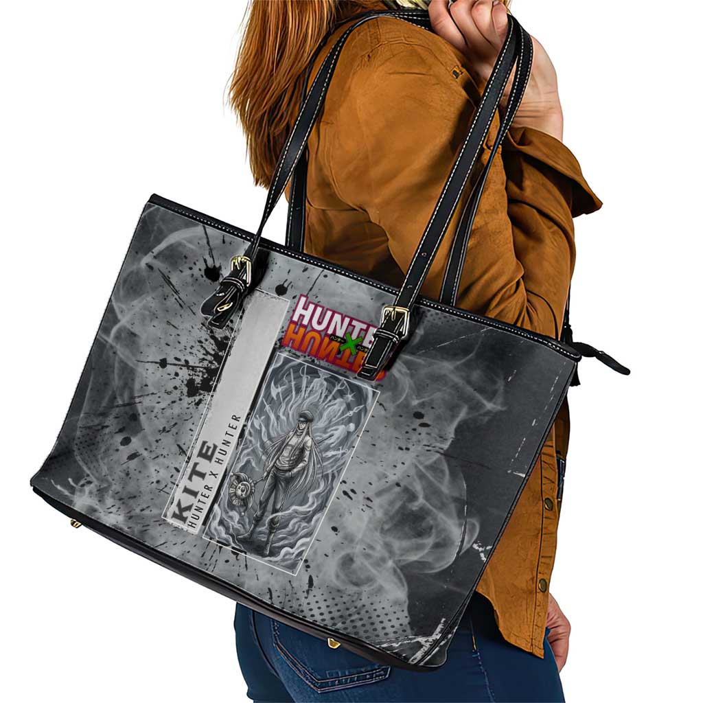 Chrollo Theme Gray Ink Splash Design Leather Tote Bag with Cross Weapon and Monochrome Aura Artwork - The Mazicc
