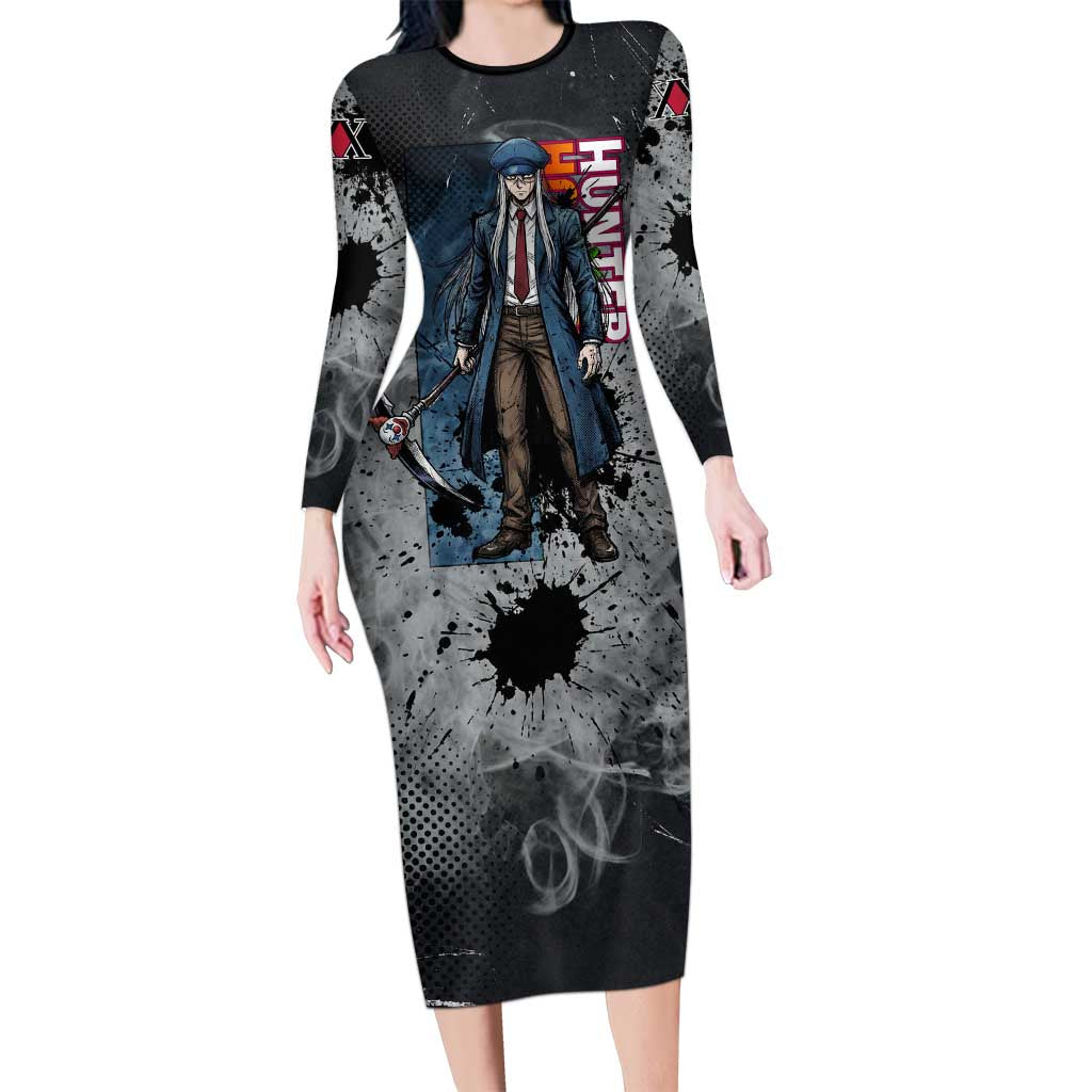 Chrollo Theme Gray Ink Splash Design Long Sleeve Bodycon Dress with Cross Weapon and Monochrome Aura Artwork - The Mazicc