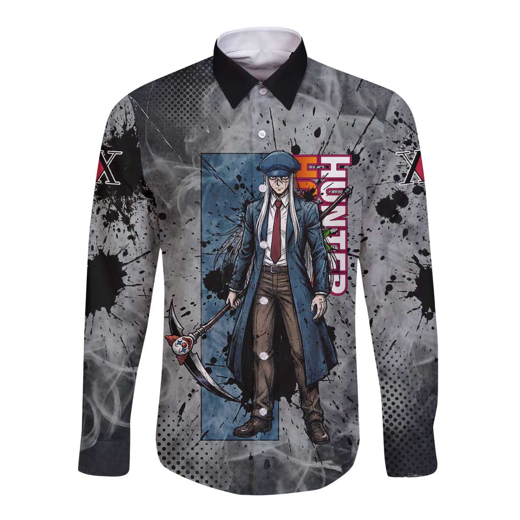 Chrollo Theme Gray Ink Splash Design Long Sleeve Button Shirt with Cross Weapon and Monochrome Aura Artwork - The Mazicc