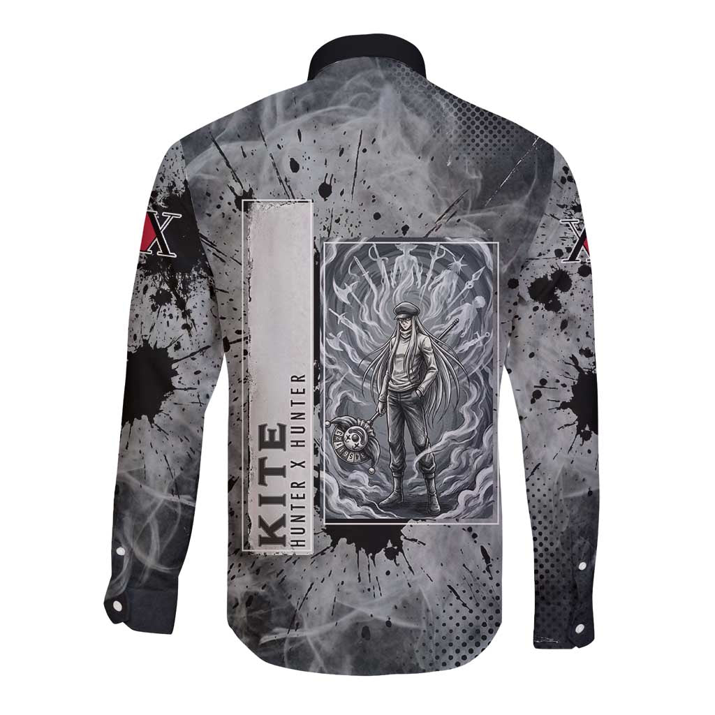 Chrollo Theme Gray Ink Splash Design Long Sleeve Button Shirt with Cross Weapon and Monochrome Aura Artwork - The Mazicc