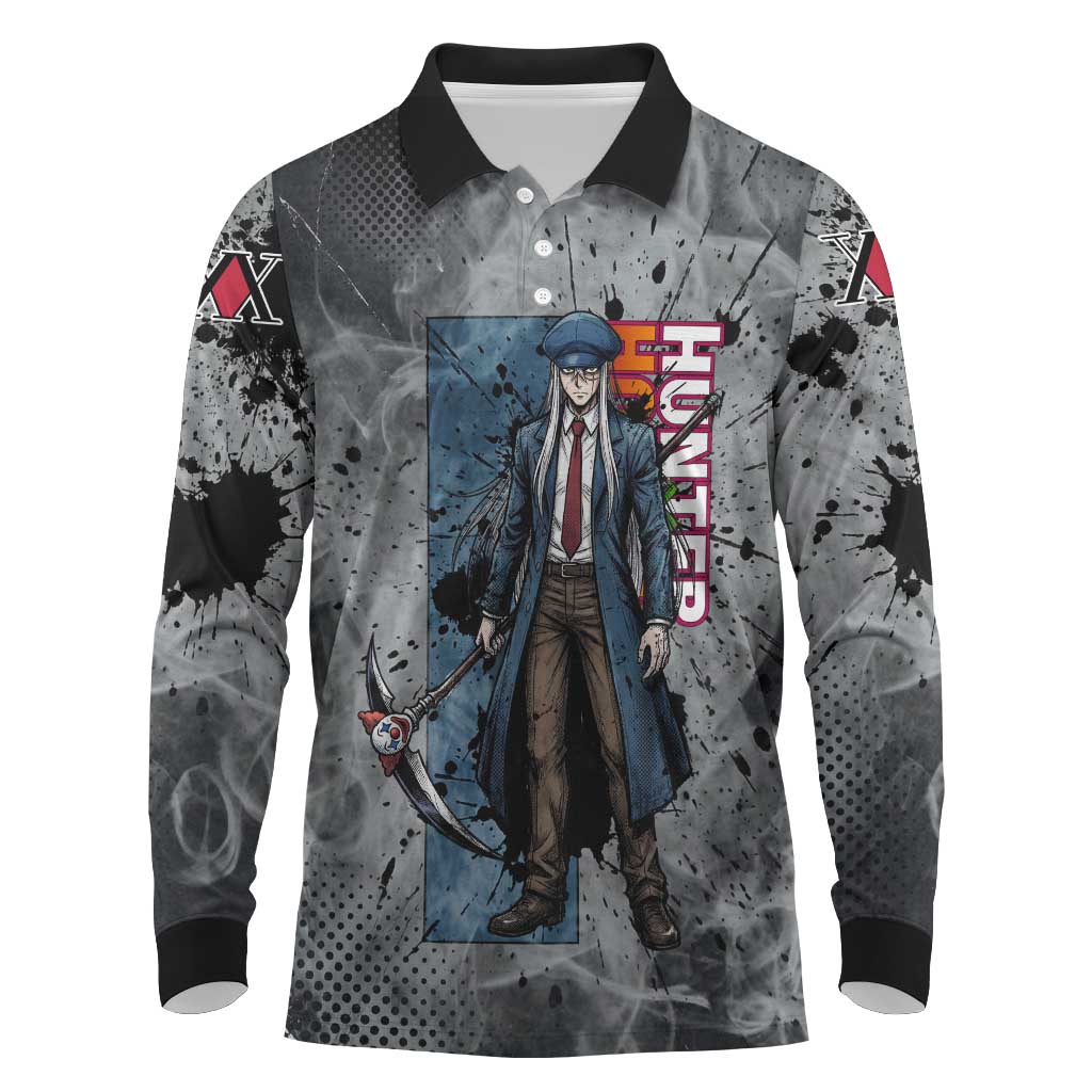 Chrollo Theme Gray Ink Splash Design Long Sleeve Polo Shirt with Cross Weapon and Monochrome Aura Artwork - The Mazicc