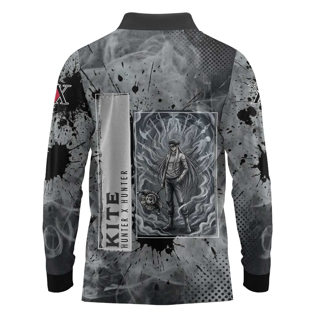 Chrollo Theme Gray Ink Splash Design Long Sleeve Polo Shirt with Cross Weapon and Monochrome Aura Artwork - The Mazicc