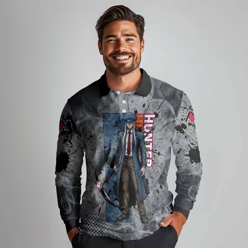 Chrollo Theme Gray Ink Splash Design Long Sleeve Polo Shirt with Cross Weapon and Monochrome Aura Artwork - The Mazicc