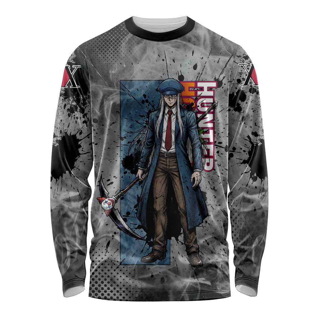 Chrollo Theme Gray Ink Splash Design Long Sleeve Shirt with Cross Weapon and Monochrome Aura Artwork - The Mazicc