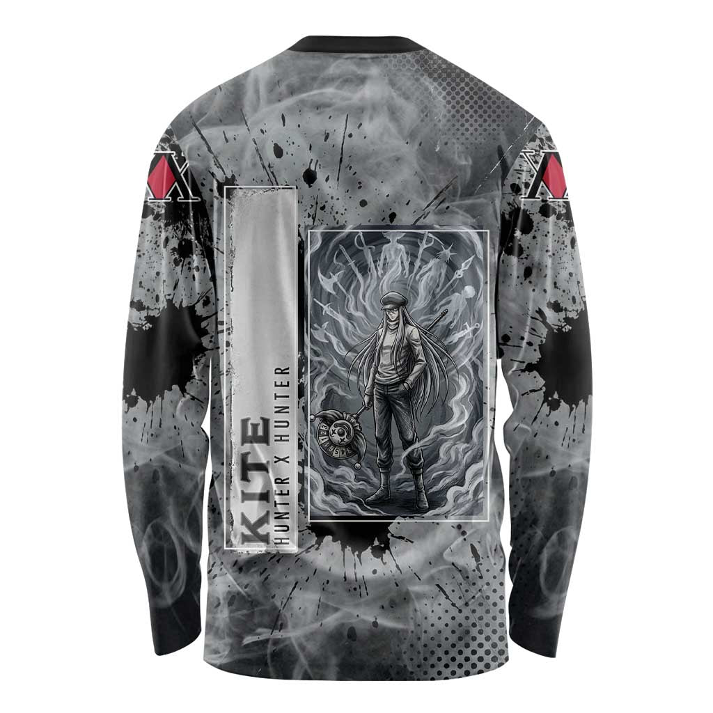 Chrollo Theme Gray Ink Splash Design Long Sleeve Shirt with Cross Weapon and Monochrome Aura Artwork - The Mazicc