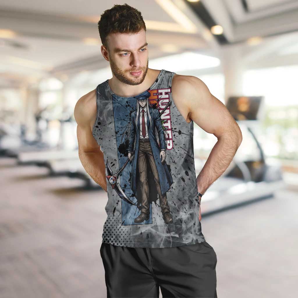 Chrollo Theme Gray Ink Splash Design Men Tank Top with Cross Weapon and Monochrome Aura Artwork - The Mazicc