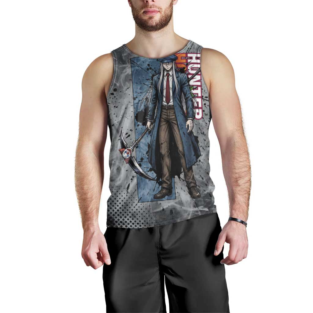 Chrollo Theme Gray Ink Splash Design Men Tank Top with Cross Weapon and Monochrome Aura Artwork - The Mazicc