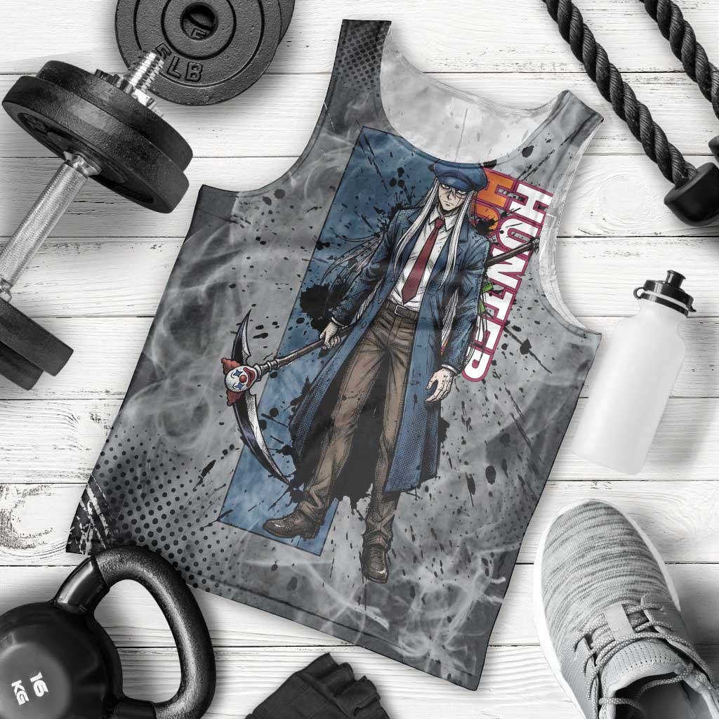 Chrollo Theme Gray Ink Splash Design Men Tank Top with Cross Weapon and Monochrome Aura Artwork - The Mazicc
