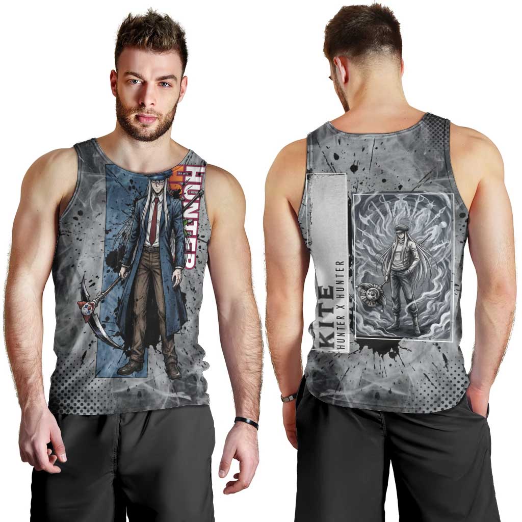 Chrollo Theme Gray Ink Splash Design Men Tank Top with Cross Weapon and Monochrome Aura Artwork - The Mazicc