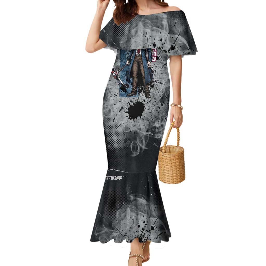 Chrollo Theme Gray Ink Splash Design Mermaid Dress with Cross Weapon and Monochrome Aura Artwork - The Mazicc