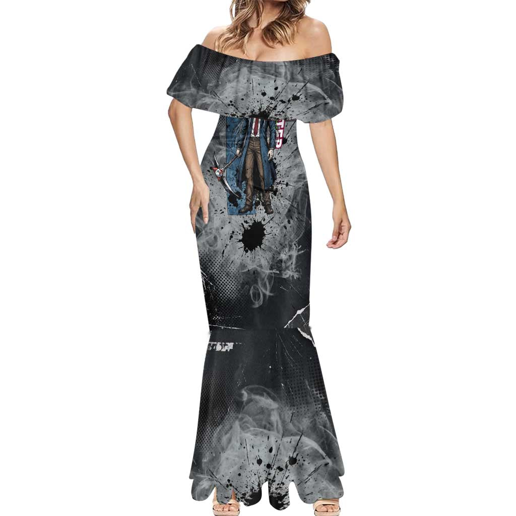 Chrollo Theme Gray Ink Splash Design Mermaid Dress with Cross Weapon and Monochrome Aura Artwork - The Mazicc