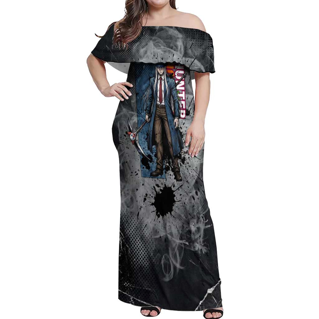 Chrollo Theme Gray Ink Splash Design Off Shoulder Maxi Dress with Cross Weapon and Monochrome Aura Artwork - The Mazicc