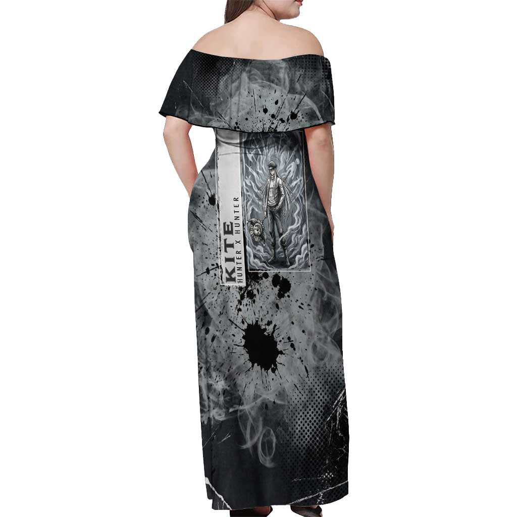 Chrollo Theme Gray Ink Splash Design Off Shoulder Maxi Dress with Cross Weapon and Monochrome Aura Artwork - The Mazicc