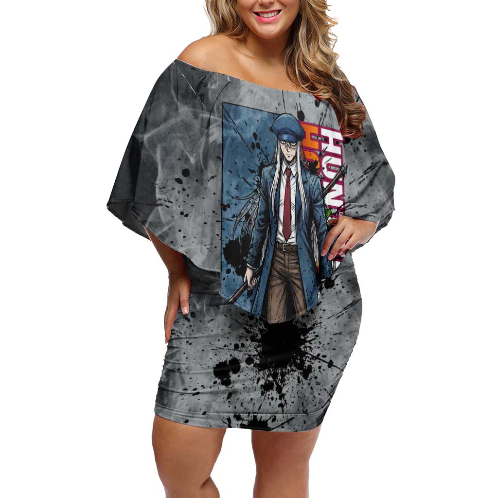 Chrollo Theme Gray Ink Splash Design Off Shoulder Short Dress with Cross Weapon and Monochrome Aura Artwork - The Mazicc