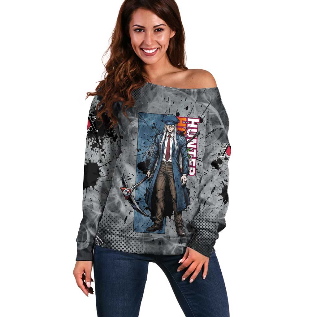 Chrollo Theme Gray Ink Splash Design Off Shoulder Sweater with Cross Weapon and Monochrome Aura Artwork - The Mazicc