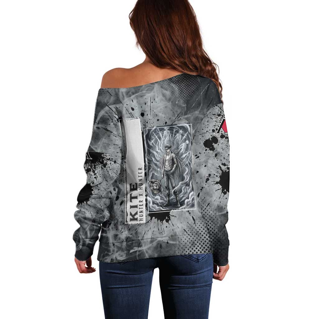 Chrollo Theme Gray Ink Splash Design Off Shoulder Sweater with Cross Weapon and Monochrome Aura Artwork - The Mazicc