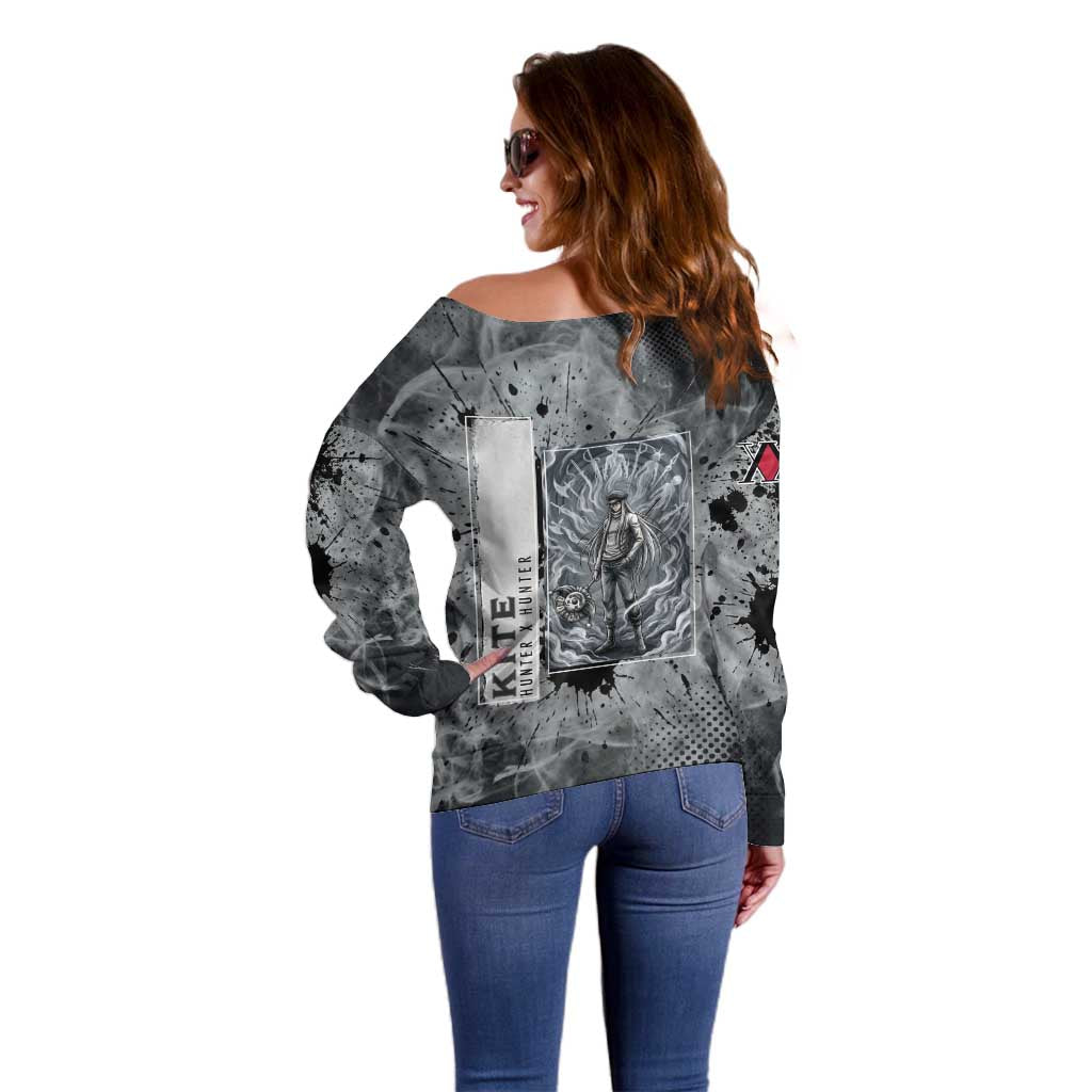 Chrollo Theme Gray Ink Splash Design Off Shoulder Sweater with Cross Weapon and Monochrome Aura Artwork - The Mazicc