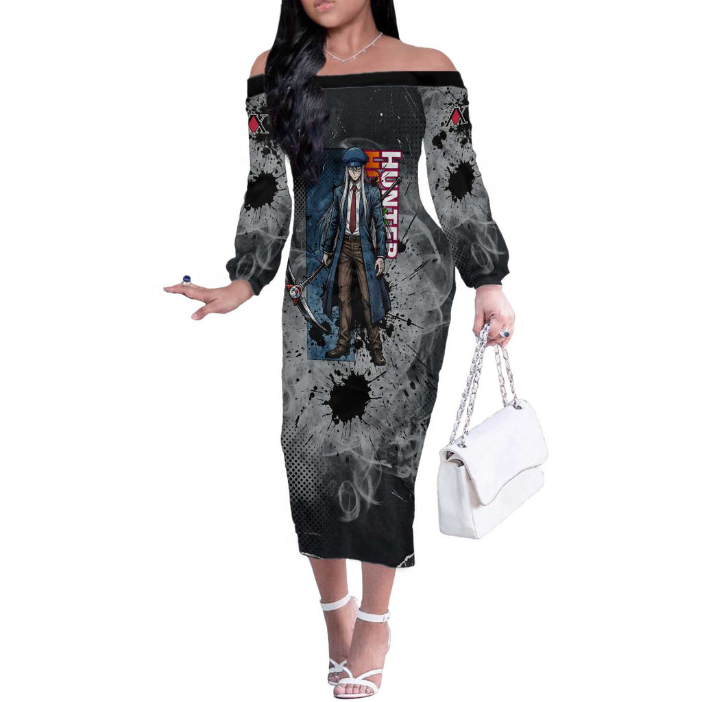 Chrollo Theme Gray Ink Splash Design Off The Shoulder Long Sleeve Dress with Cross Weapon and Monochrome Aura Artwork - The Mazicc