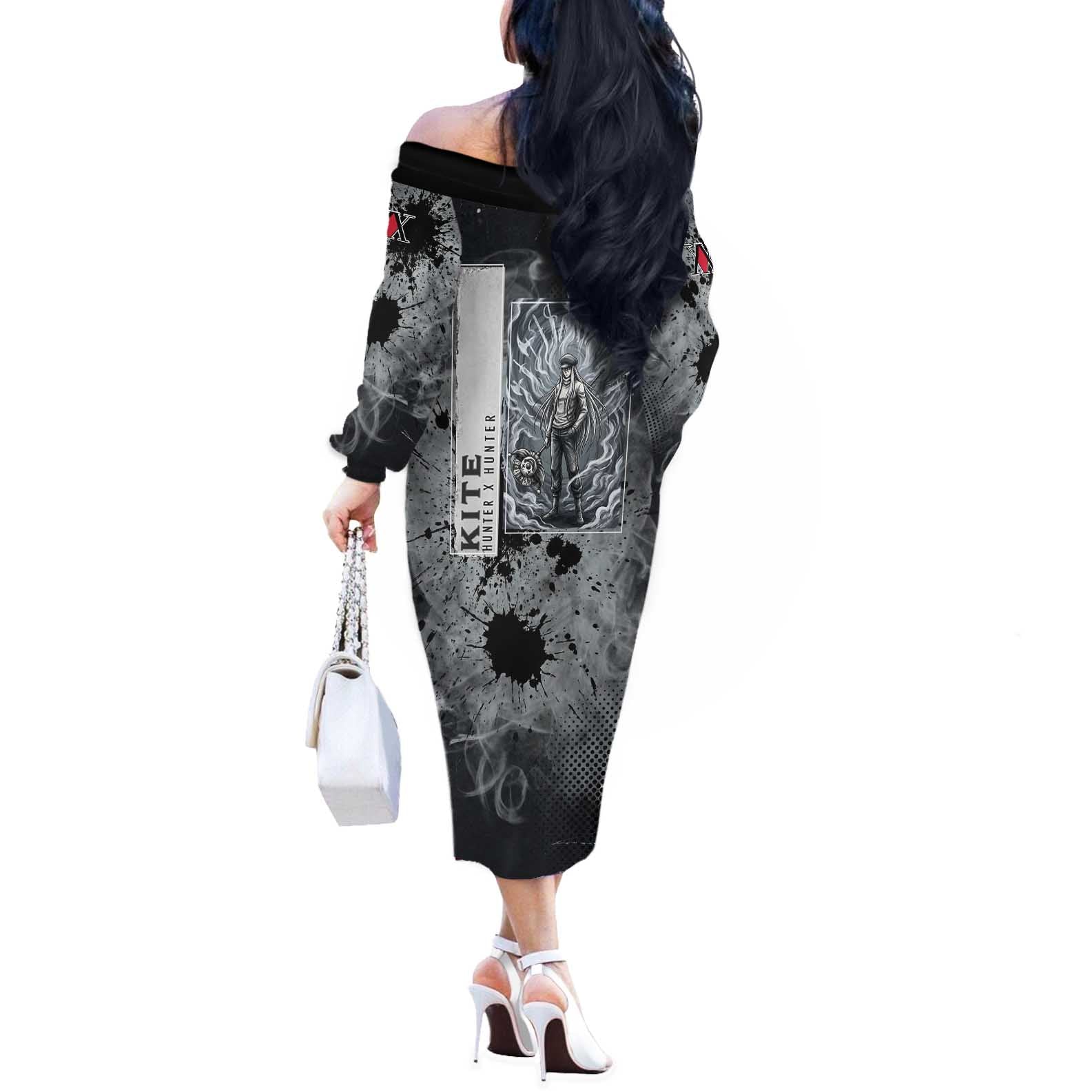 Chrollo Theme Gray Ink Splash Design Off The Shoulder Long Sleeve Dress with Cross Weapon and Monochrome Aura Artwork - The Mazicc