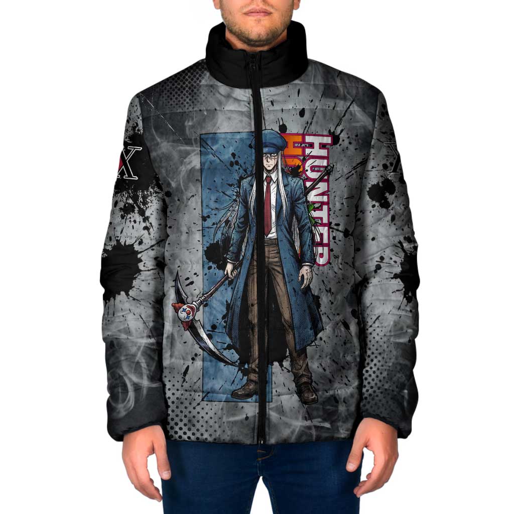 Chrollo Theme Gray Ink Splash Design Padded Jacket with Cross Weapon and Monochrome Aura Artwork - The Mazicc