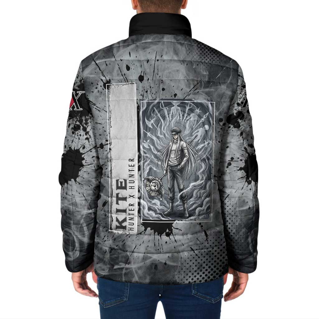 Chrollo Theme Gray Ink Splash Design Padded Jacket with Cross Weapon and Monochrome Aura Artwork - The Mazicc