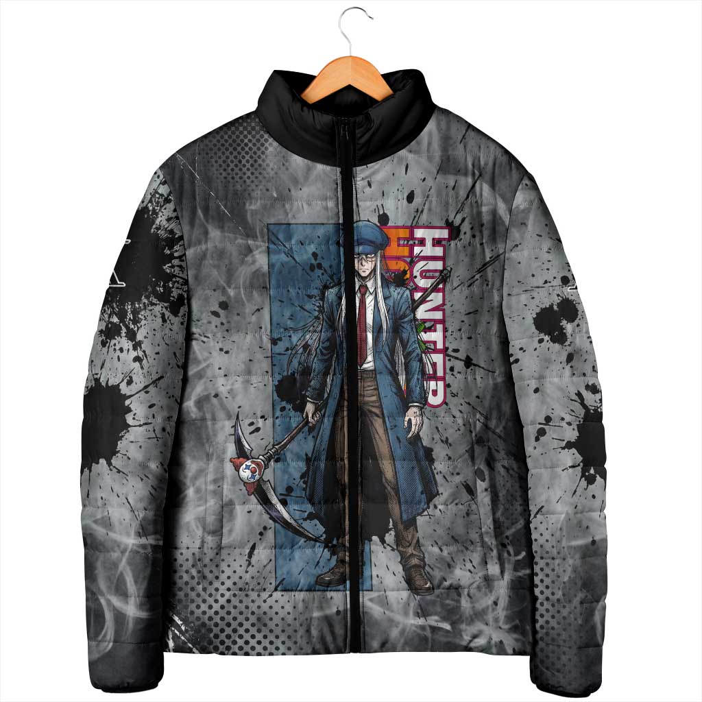 Chrollo Theme Gray Ink Splash Design Padded Jacket with Cross Weapon and Monochrome Aura Artwork - The Mazicc