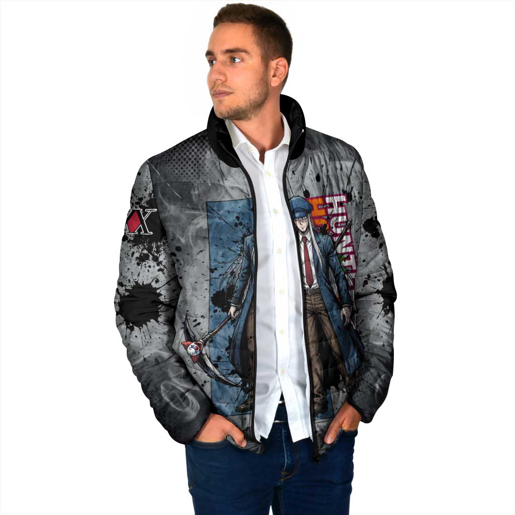 Chrollo Theme Gray Ink Splash Design Padded Jacket with Cross Weapon and Monochrome Aura Artwork - The Mazicc