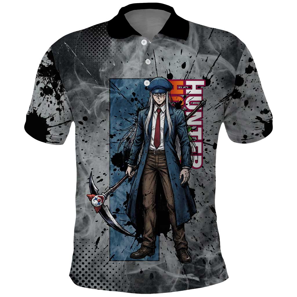 Chrollo Theme Gray Ink Splash Design Polo Shirt with Cross Weapon and Monochrome Aura Artwork - The Mazicc