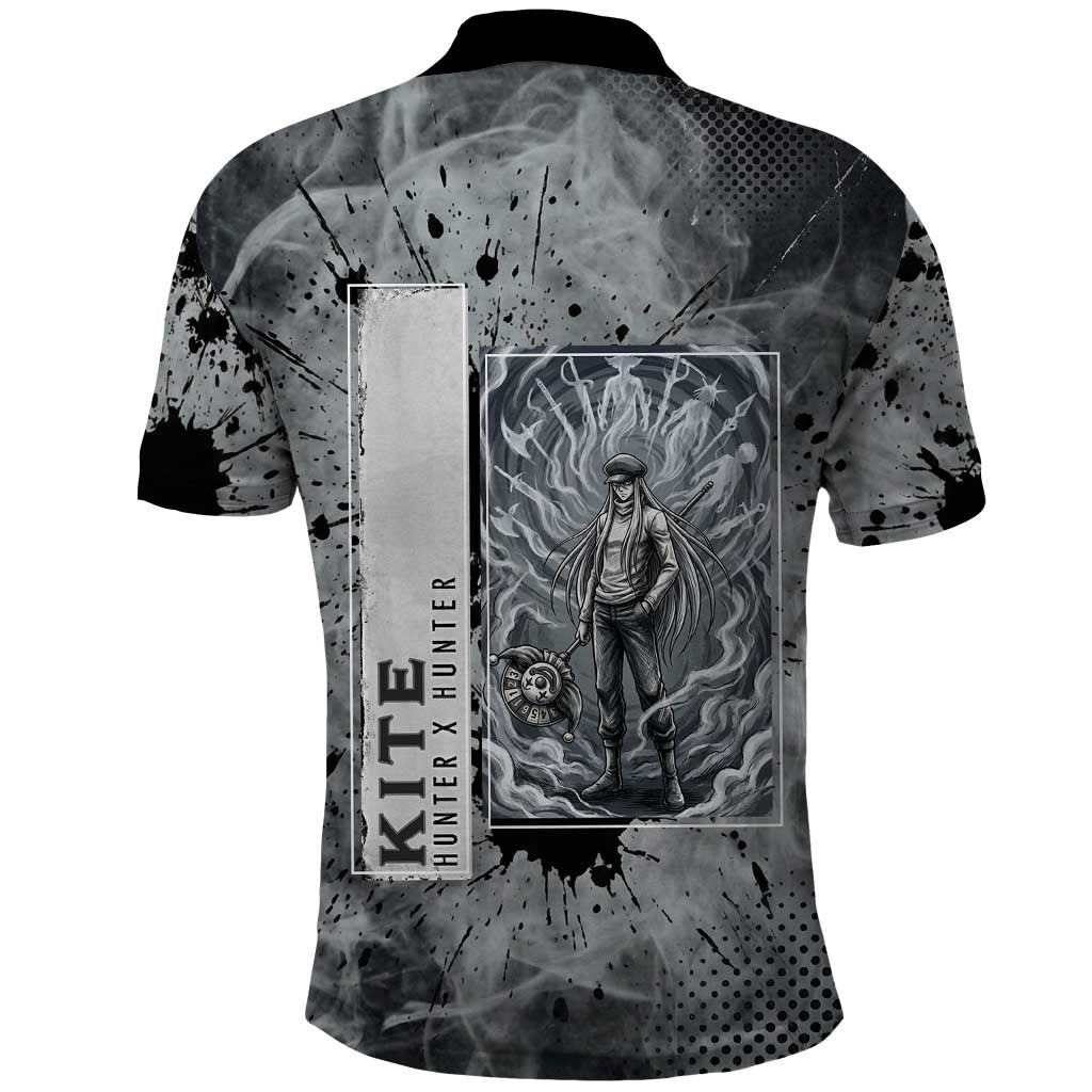 Chrollo Theme Gray Ink Splash Design Polo Shirt with Cross Weapon and Monochrome Aura Artwork - The Mazicc