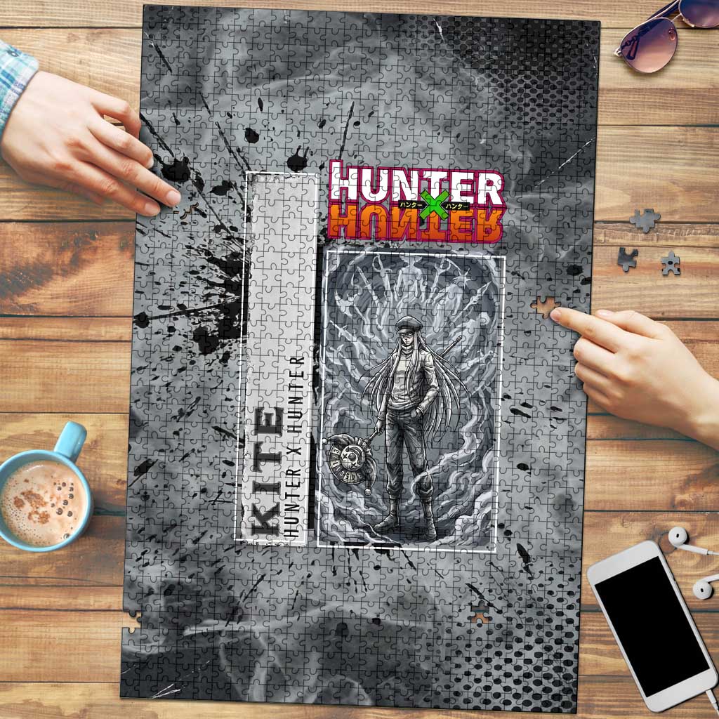 Chrollo Theme Gray Ink Splash Design Puzzle with Cross Weapon and Monochrome Aura Artwork - The Mazicc