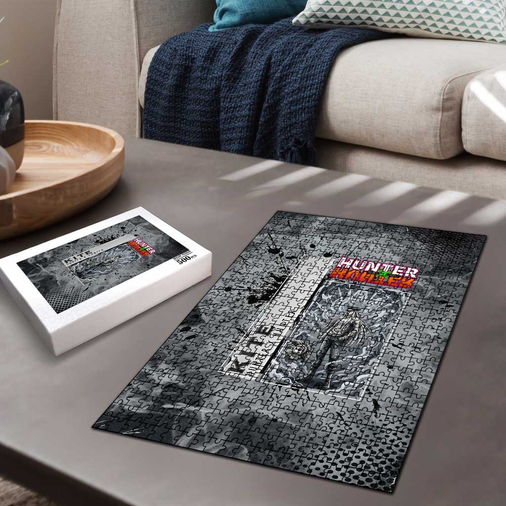 Chrollo Theme Gray Ink Splash Design Puzzle with Cross Weapon and Monochrome Aura Artwork - The Mazicc