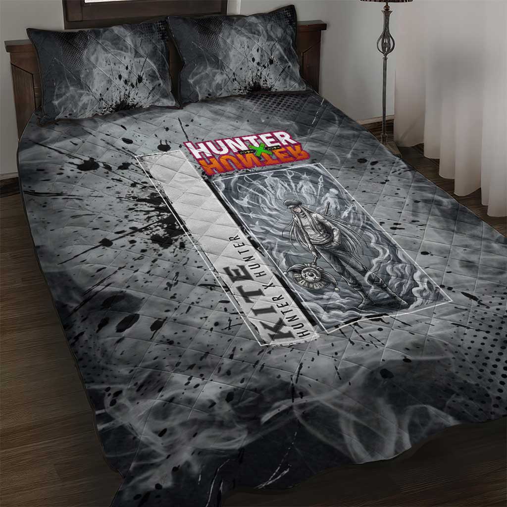 Chrollo Theme Gray Ink Splash Design Quilt Bed Set with Cross Weapon and Monochrome Aura Artwork - The Mazicc