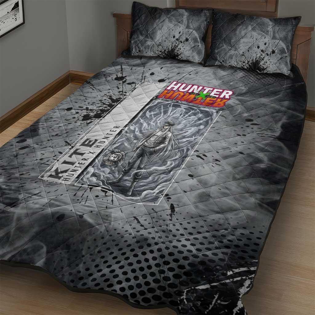 Chrollo Theme Gray Ink Splash Design Quilt Bed Set with Cross Weapon and Monochrome Aura Artwork - The Mazicc