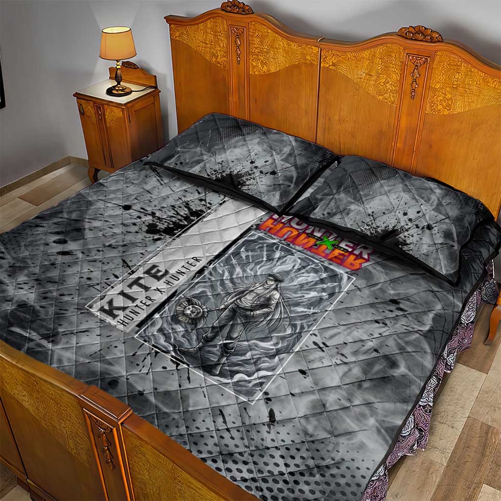 Chrollo Theme Gray Ink Splash Design Quilt Bed Set with Cross Weapon and Monochrome Aura Artwork - The Mazicc