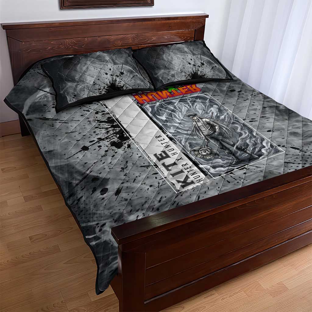 Chrollo Theme Gray Ink Splash Design Quilt Bed Set with Cross Weapon and Monochrome Aura Artwork - The Mazicc
