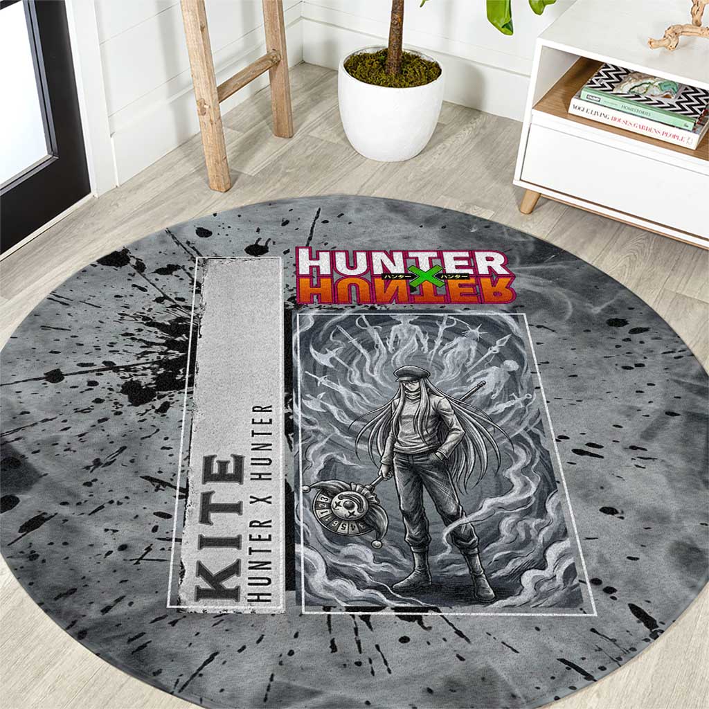 Chrollo Theme Gray Ink Splash Design Round Carpet with Cross Weapon and Monochrome Aura Artwork - The Mazicc