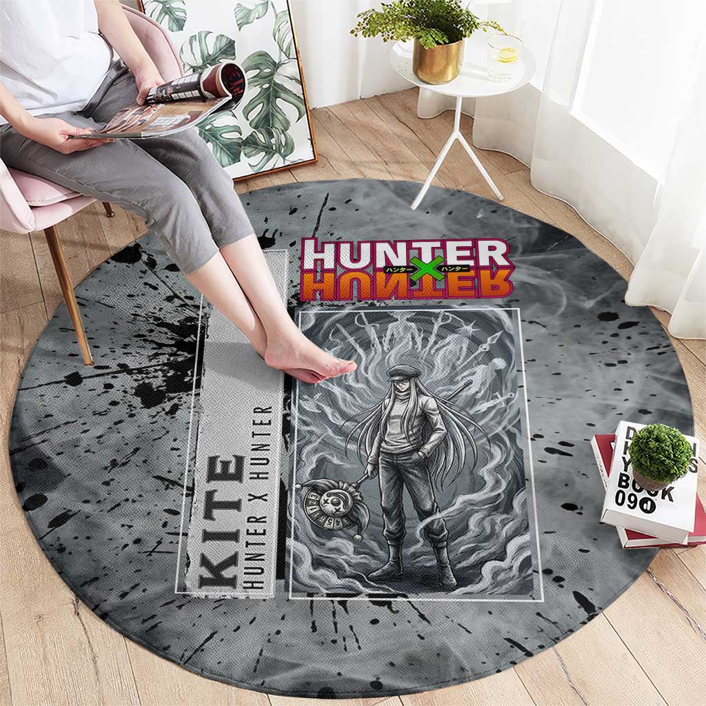 Chrollo Theme Gray Ink Splash Design Round Carpet with Cross Weapon and Monochrome Aura Artwork - The Mazicc