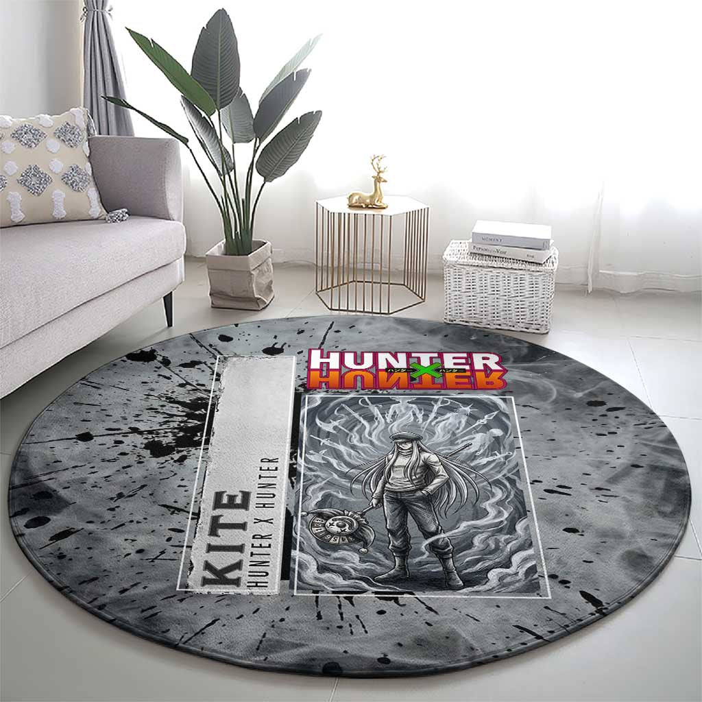 Chrollo Theme Gray Ink Splash Design Round Carpet with Cross Weapon and Monochrome Aura Artwork - The Mazicc