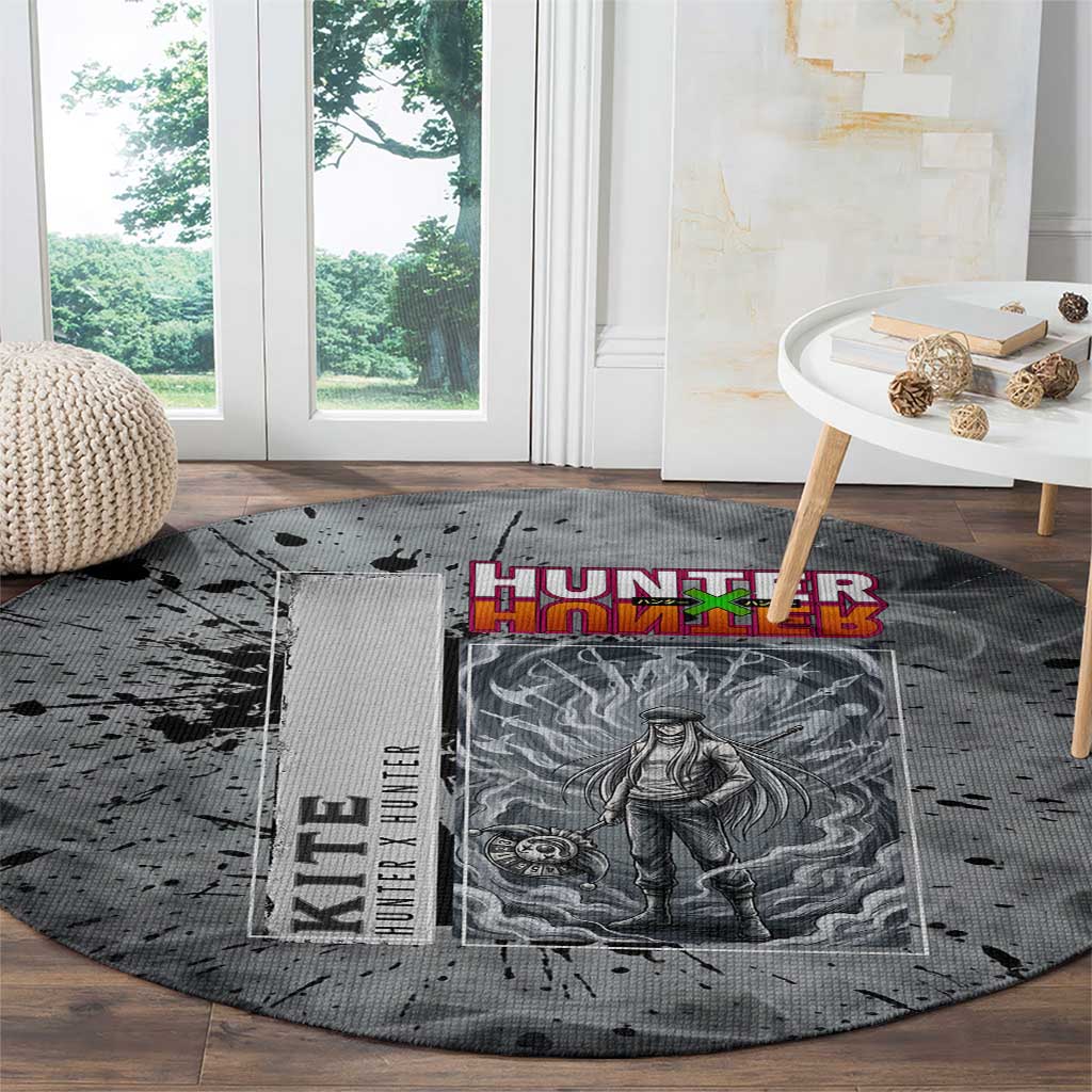 Chrollo Theme Gray Ink Splash Design Round Carpet with Cross Weapon and Monochrome Aura Artwork - The Mazicc