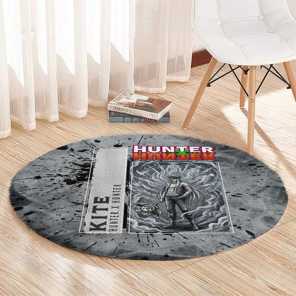 Chrollo Theme Gray Ink Splash Design Round Carpet with Cross Weapon and Monochrome Aura Artwork - The Mazicc