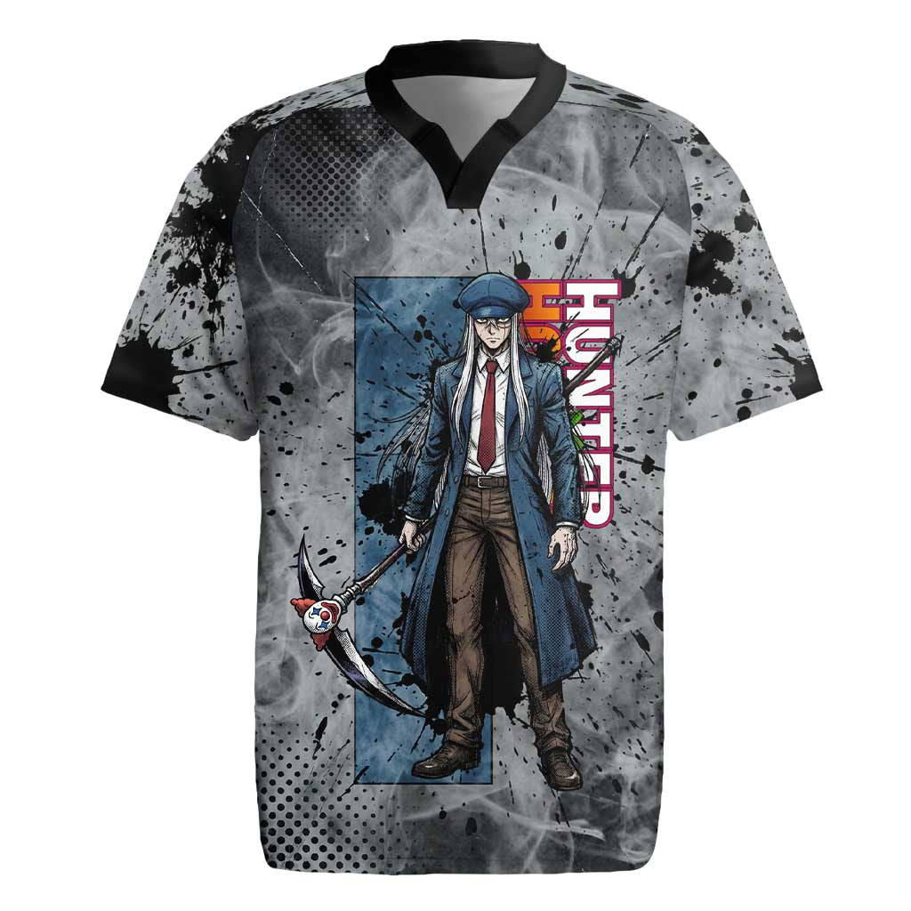 Chrollo Theme Gray Ink Splash Design Rugby Jersey with Cross Weapon and Monochrome Aura Artwork - The Mazicc