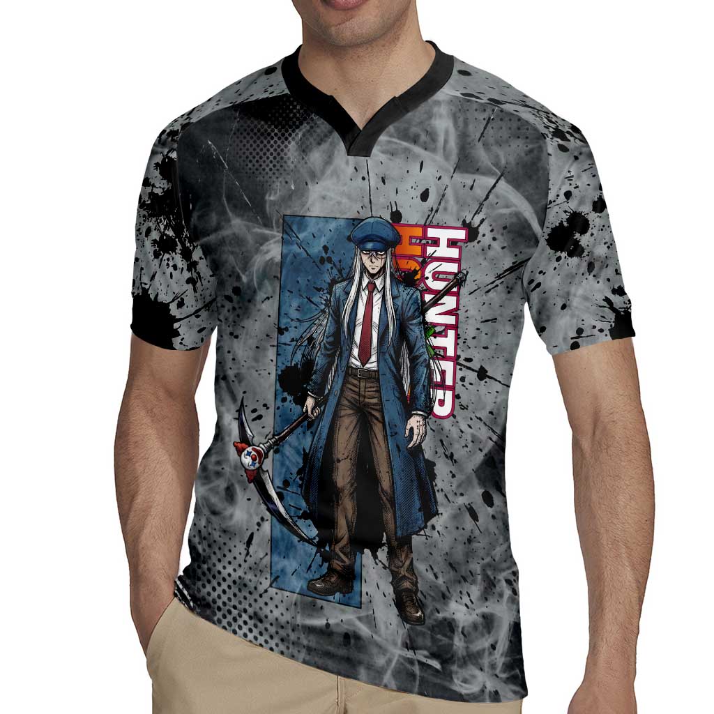 Chrollo Theme Gray Ink Splash Design Rugby Jersey with Cross Weapon and Monochrome Aura Artwork - The Mazicc