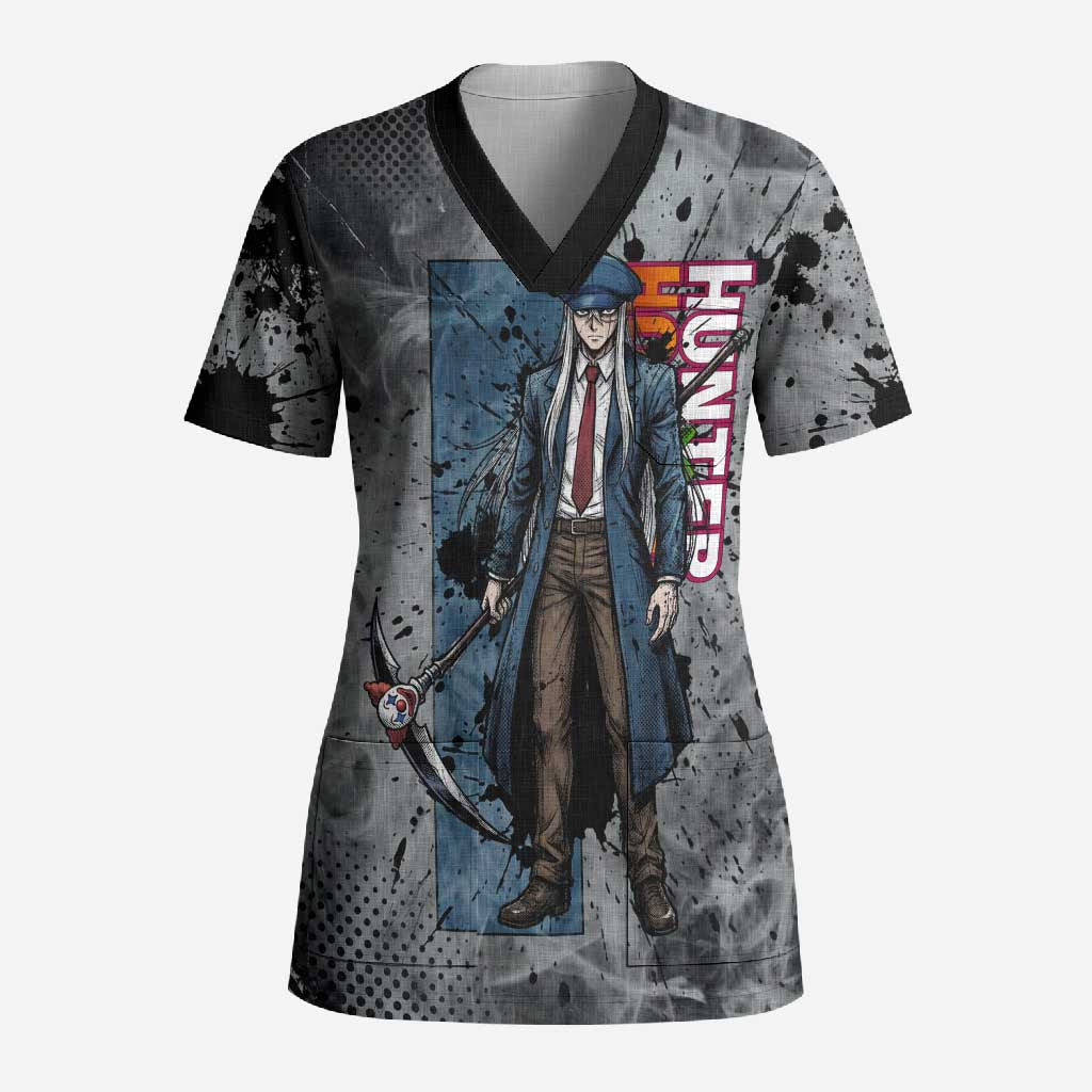 Chrollo Theme Gray Ink Splash Design Scrub Top with Cross Weapon and Monochrome Aura Artwork - The Mazicc