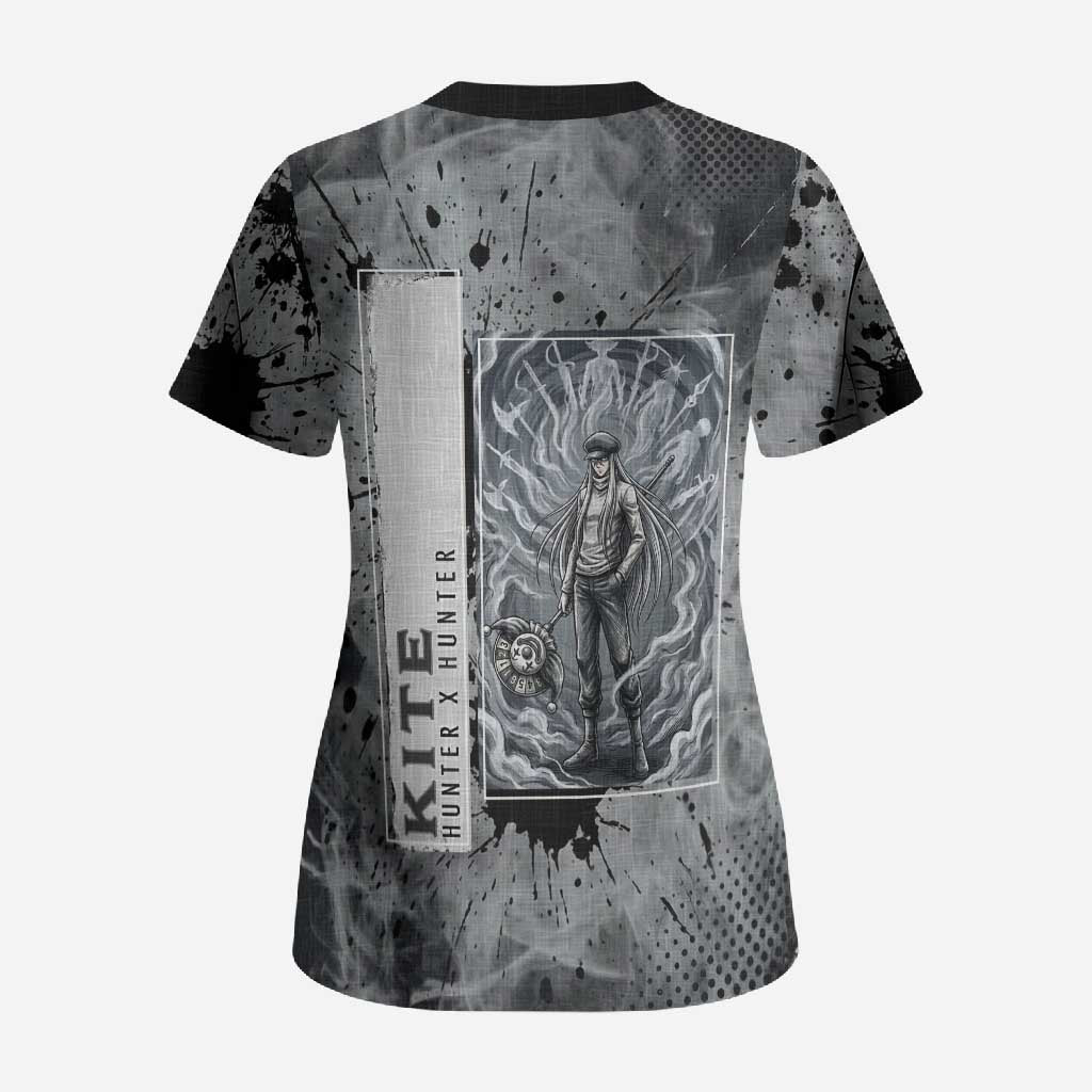 Chrollo Theme Gray Ink Splash Design Scrub Top with Cross Weapon and Monochrome Aura Artwork - The Mazicc