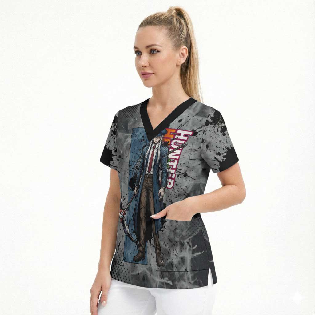 Chrollo Theme Gray Ink Splash Design Scrub Top with Cross Weapon and Monochrome Aura Artwork - The Mazicc