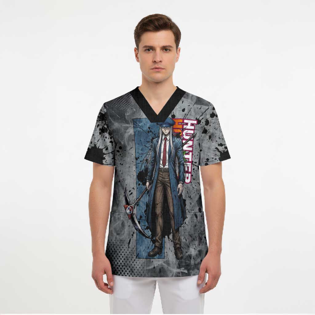 Chrollo Theme Gray Ink Splash Design Scrub Top with Cross Weapon and Monochrome Aura Artwork - The Mazicc