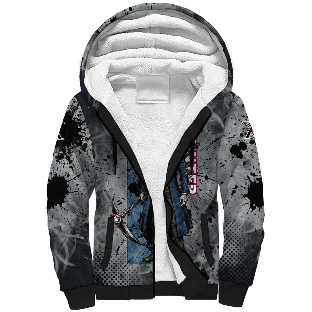 Chrollo Theme Gray Ink Splash Design Sherpa Hoodie with Cross Weapon and Monochrome Aura Artwork - The Mazicc