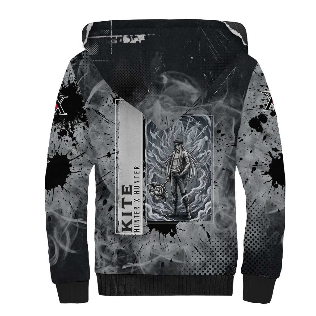 Chrollo Theme Gray Ink Splash Design Sherpa Hoodie with Cross Weapon and Monochrome Aura Artwork - The Mazicc