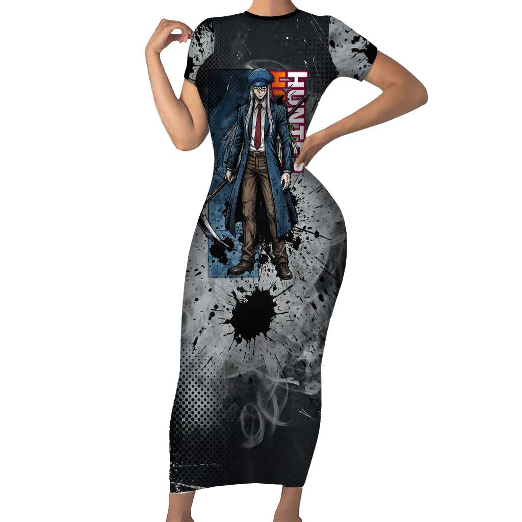 Chrollo Theme Gray Ink Splash Design Short Sleeve Bodycon Dress with Cross Weapon and Monochrome Aura Artwork - The Mazicc