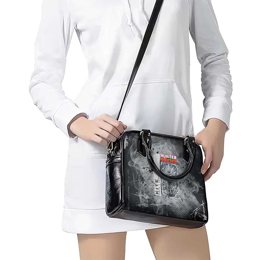 Chrollo Theme Gray Ink Splash Design Shoulder Handbag with Cross Weapon and Monochrome Aura Artwork - The Mazicc